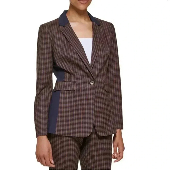 DKNY Women's Long Sleeve One Button Check Jacket Toffee Sz 6 - Picture 10 of 11